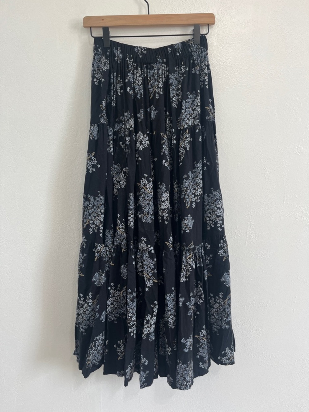 Vintage Shelbi Ranch Black Floral Tiered Maxi Navy Blue Floral Skirt One Size